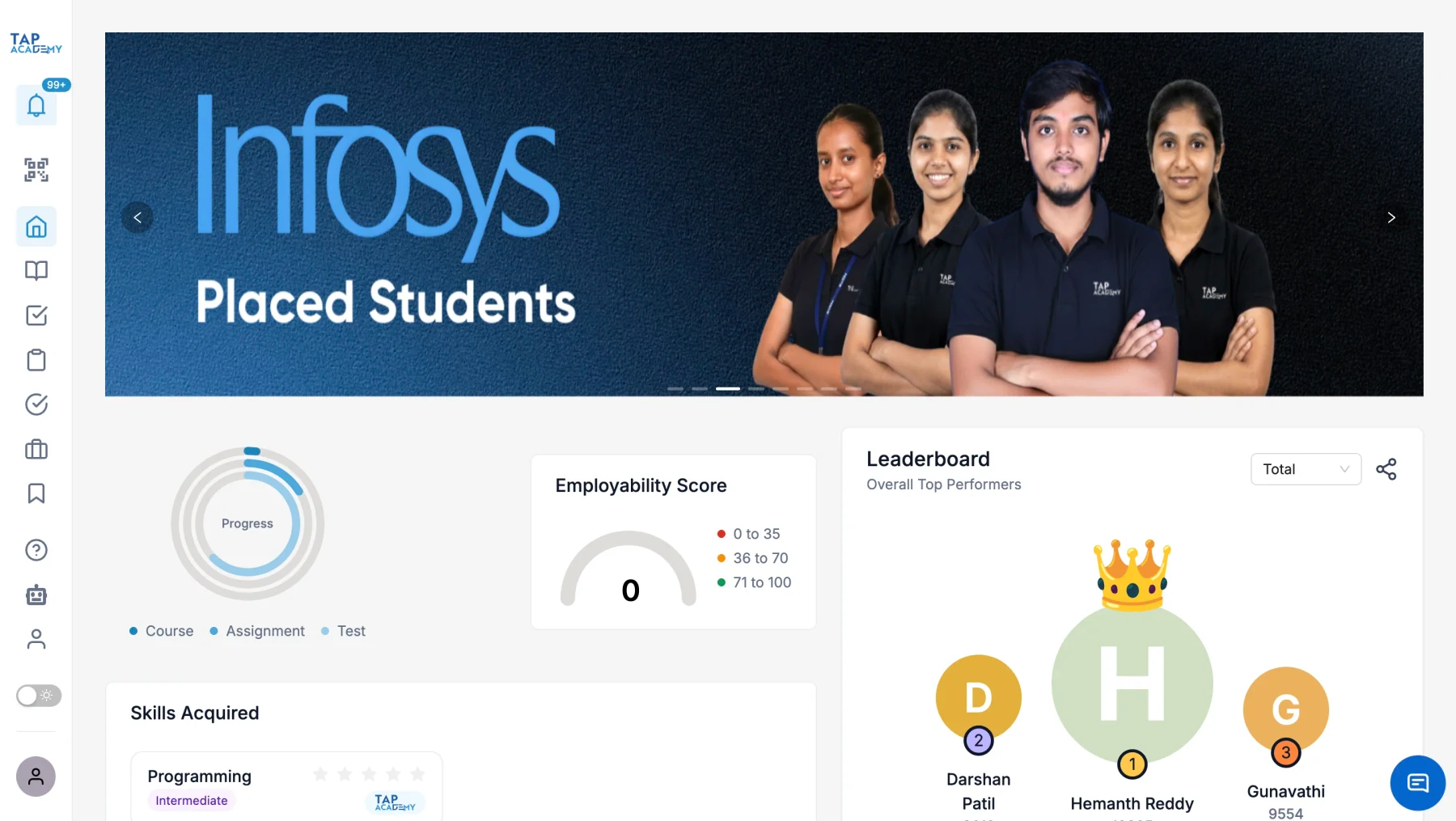 TAP LMS student dashboard